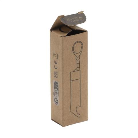 Porte-clés lampe torche en aluminium avec 3 lampes LED à forte lumière blanche et décapsuleur. Avec mousqueton. Inclus : piles bouton. Chaque article est fourni dans une boite individuelle en papier kraft marron.