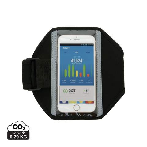 Neoprene sport armband that fits all common mobile phones (Iphone 5, 6, 7, 8, X and Xs' Samsung S6, S7, S8 and S9) so you can take them on your run or other activity. The front has a reflective strip around the window for extra visibility in the dark. The velcro can be adjusted to various sizes.
