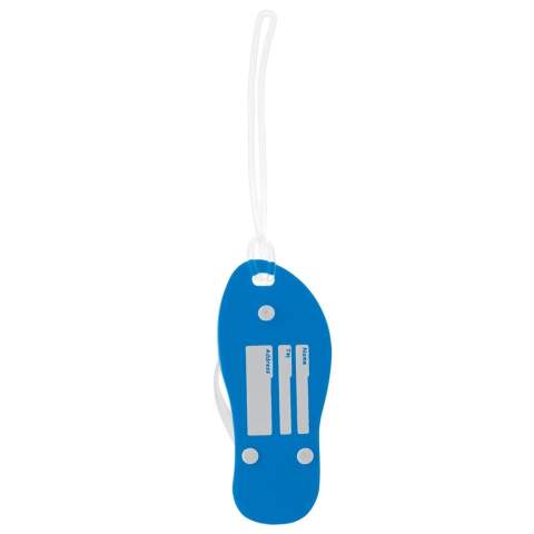 Luggage tag in the shape of a slipper. With this luggage tag you can already visualize your holiday destination. Another advantage of this luggage tag is that, due to its unique shape, your luggage is easily recognizable.
