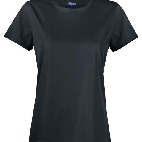 • functioneel T-shirt met ronde hals voor dames<br />• spin-dyed polyester: milieuvriendelijk verfprocedé waarbij 75% minder water, 67% minder chemicaliën en 39% minder energie wordt verbruikt<br />• ander voordeel van dit verfproces: zeer goed kleurbehoud<br />• versterkte ribboord aan de kraag<br />• functioneel materiaal dat vocht wegvoert van het lichaam<br />• sneldrogend<br />• krimp- en kreukvrij