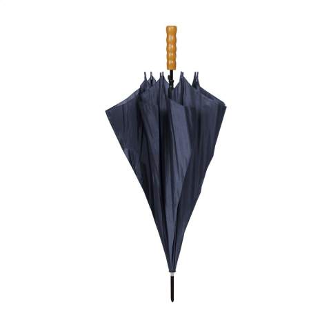 Umbrella with automatic telescopic opening, 190T polyester canopy, metal frame and shaft, wooden handle and velcro fastener.