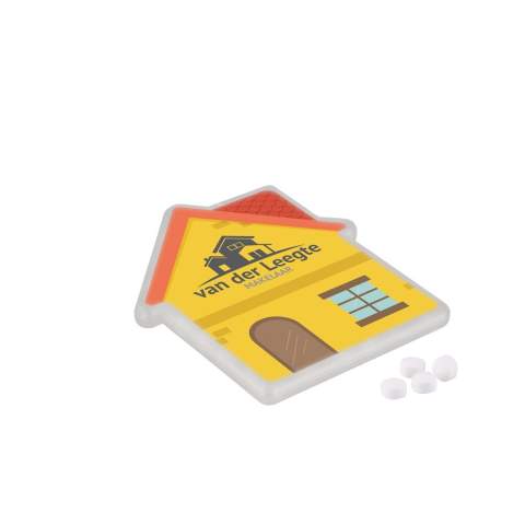 Gerecycled transparante mint dispenser in de vorm van een huisje, voorzien van een bedrukking in 2 kleuren op de bovenzijde, gevuld met ca. 8 gram suikervrije pepermuntjes zonder Aspartaam