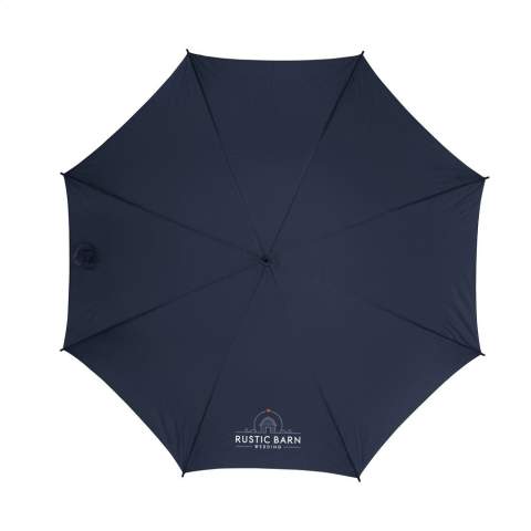 Umbrella with automatic telescopic opening, 190T polyester canopy, metal frame and shaft, wooden handle and velcro fastener.