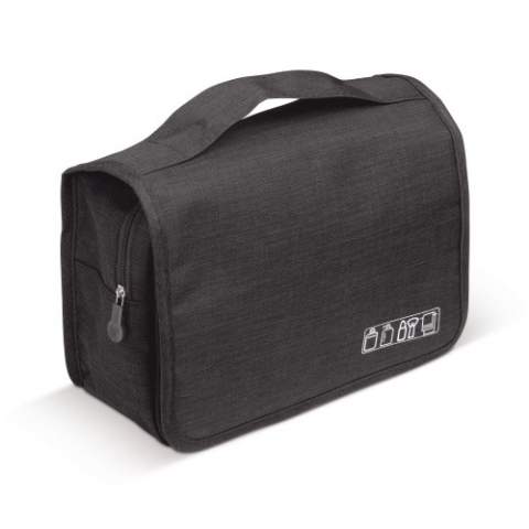 Convenient toiletry bag with various pockets and a hook for hanging.
