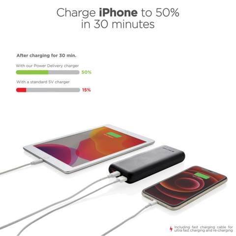 Charge your phone up to 5 times with this fast charging powerbank. Thanks to the ultra fast type C 18W PD port, the powerbank re-charges in record time. Charging your phone up to 50% takes only 30 minutes. Slow charging is something from the past. The powerbank contains a long lasting A-grade 20.000 mah battery to charge all your devices on your travels and adventures. The double USB A and type C port allow you to charge up to 3 devices at the same time.  Urban Vitamin items are made without PVC and packed in plastic reduced packaging. Type-C Input: 5V/3A, 9V/2A; Micro USB Input: 5V/2A, 9V/2A; Type-C Output: 5V/3A, 9V/2A, 12V/1.5A; USB Output: 5V/2.4A, 9V/2A, 12V/1.5A.<br /><br />PowerbankCapacity: 20000<br />PVC free: true