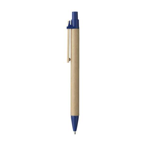WoW! Blue ink ballpoint pen with holder made of recycled cardboard, wooden clip and coloured plastic accents.