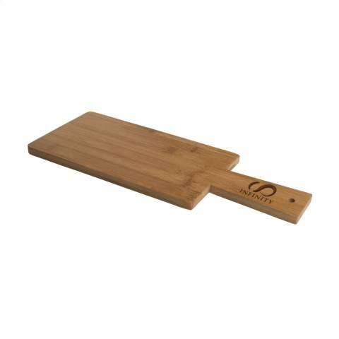 Bamboo serving board. With a finishing top layer of vegetarian soybean oil.  NOTE: Due to the natural grains and contours of bamboo, we cannot guarantee consistency in depth/colour of the engraving. Each item is individually boxed.
