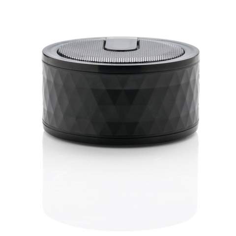Trendy 3W wireless speaker with geometric cut pattern ABS case. The top grill has a special personalisation area for optimal visibility of the logo. The bottom has a silicone strip for optimal sound quality and stability.  The 300 mAh battery allows you to play up to 4 hours of your favourite music and is completely recharged within 1 hour. Operating distance up to 10 metres. Wireless BT 2.1 connection. Registered design®