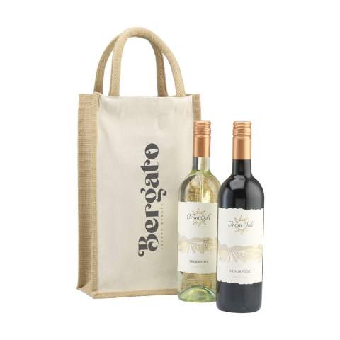 WoW! Robuste Weintasche mit Trageschlaufen. Diese Wein-Geschenkverpackung besteht aus Jute und Bio-Segeltuch und bietet Platz für 2 Flaschen Wein (nicht im Lieferumfang enthalten). OEKO-TEX® zertifiziert. Die Tasche ist mit 2 Fächern ausgestattet, sodass sich die Flaschen nicht berühren und unbeschädigt bleiben.