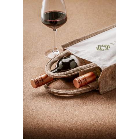 WoW! Robuste Weintasche mit Trageschlaufen. Diese Wein-Geschenkverpackung besteht aus Jute und Bio-Segeltuch und bietet Platz für 2 Flaschen Wein (nicht im Lieferumfang enthalten). OEKO-TEX® zertifiziert. Die Tasche ist mit 2 Fächern ausgestattet, sodass sich die Flaschen nicht berühren und unbeschädigt bleiben.