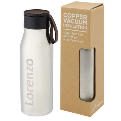 Copper vacuum insulated stainless steel bottle with a classical and elegant design. Features a PU leather strap and detail on the lid. This makes it ideal for laser engraving, which will highlight the logo in a silver colour creating a beautiful visual effect. With its double-walled copper vacuum insulated 18/8 stainless steel, drinks stay hot or cold for several hours. Tested and approved under German Food Safe Legislation (LFGB), and tested for phthalates content according to REACH regulations. Volume capacity is 500 ml. Presented in a recycled cardboard gift box.