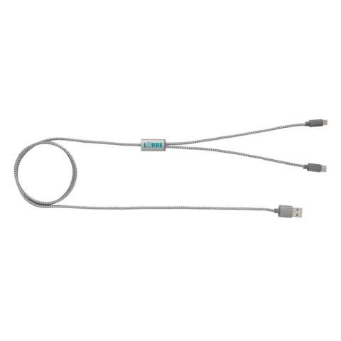Luxury braided 3 in 1 cable with type C and double-sided connector for iOS and Android devices that require micro USB. Braided nylon material cable with connectors made out of durable aluminium. Suitable for charging. Length 120cm.