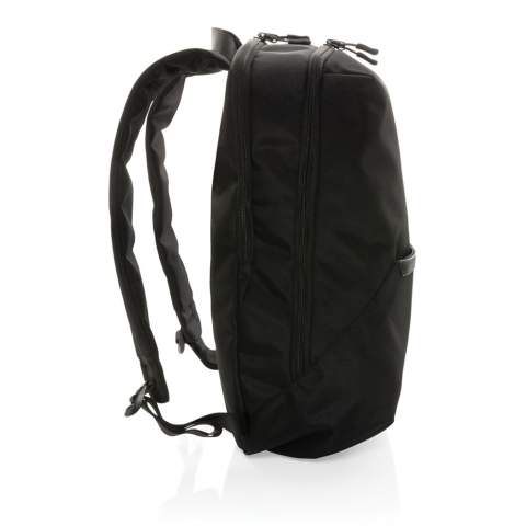 Look sharp in and out of the office with this sleek looking minimalistic design backpack. The backpack features a separate 15.6 inch laptop compartment and a zipper front pocket. The exterior material and lining is made with recycled polyester. With AWARE™ tracer that validates the genuine use of recycled materials. Each bag  has reused 32.7 0.5L PET bottles. 2% of proceeds of each Impact product sold will be donated to Water.org. PVC free.<br /><br />FitsLaptopTabletSizeInches: 15.6<br />PVC free: true