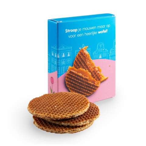3 per stuk verpakte stroopwafels in een all-over full colour bedrukt doosje