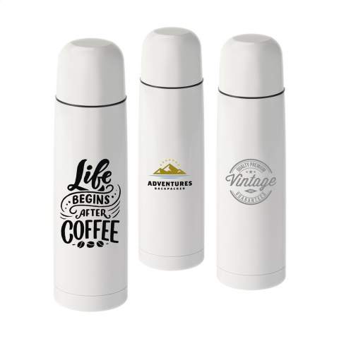 Vacuum-insulated, stainless steel thermo bottle with screw cap/drinking cup and handy press and pour system. Leak-proof. Capacity 500 ml. Each item is individually boxed.