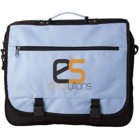 Exhibition bag with adjustable shoulder strap, buckle closure flap, zipper pocket in flap, zippered main compartment and several open pockets under flap.