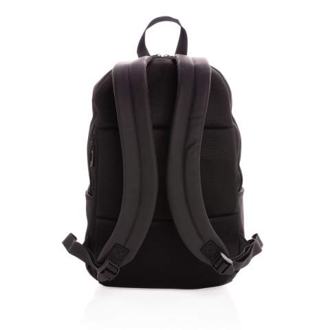 This minimalist, modern backpack made of smooth PU is fully lined and features an inner 15.6 inch laptop compartment, a spacious main compartment and 2 inner pockets and 2 pen loops. Mesh padded back and adjustable straps. Exterior 100% PU. Interior 100% 210D polyester. PVC free.<br /><br />FitsLaptopTabletSizeInches: 15.6<br />PVC free: true