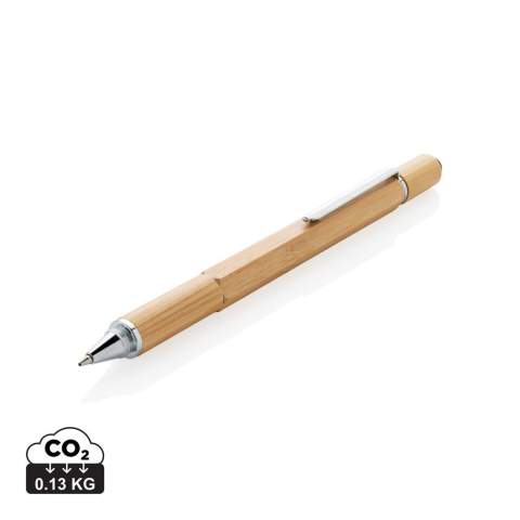 Multifunction bamboo pen with ruler (7cm) , spirit level, screw driver, stylus tip and ballpoint with blue writing ink (up to 400m) Made out of bamboo material with aluminium clip.
