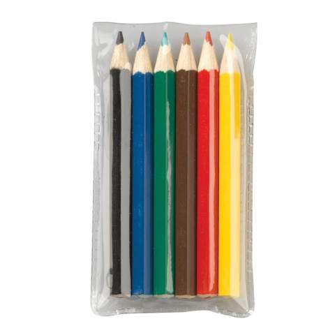 Six small colour pencils in transprant case. Printing on a sticker.
