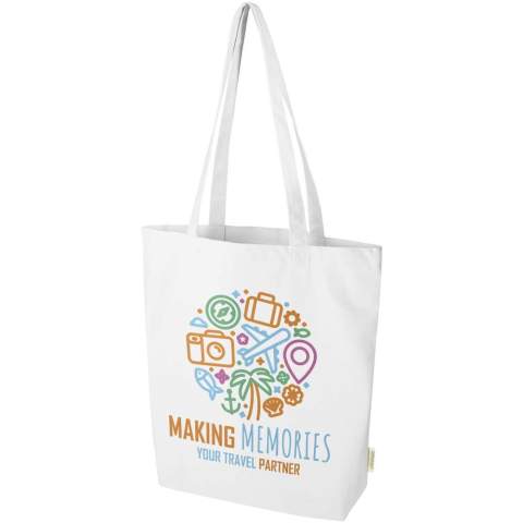 Made from 100% certified organic cotton of 270 g/m², the Orissa tote bag with a wide bottom and long handles ensures a more responsible and durable choice for your everyday needs. With its wide bottom design, it provides additional space for your essentials for any occasion, from shopping trips to casual outings. Volume capacity: 10 litres.