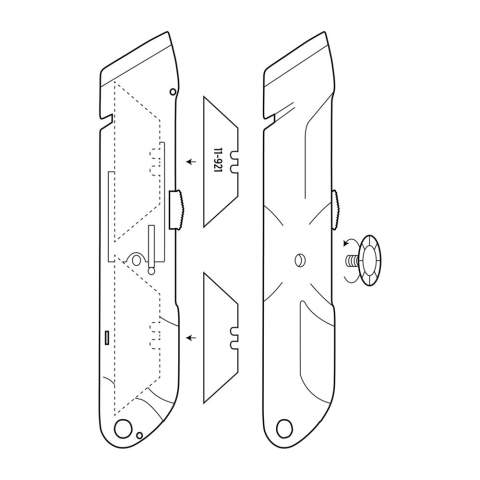 Der Cutter mit Zinklegierung hat einen automatischen Rückzugmechanismus und kommt mit einer zusätzlichen 11-921 Nachfüllklinge, die im Körper des Messers aufbewahrt wird. Klingen aus Stainless Steel.