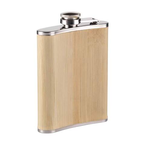 Tough stainless-steel hip flask with bamboo casing and handy screw cap. Leak proof. Capacity 200 ml. Each item is supplied in an individual brown cardboard box.