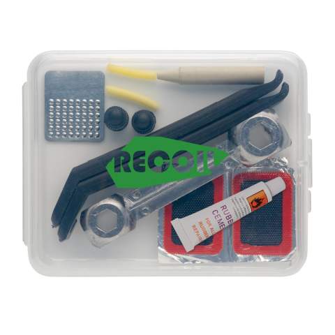 Kompaktes Fahrradreparaturset in einer PP-Box um es immer dabei zu haben. Das Set enthält 1 Schraubenschlüssel mit Aluminiumlegierung, 2 Reifenheber, 1 Kleber, 2 Ventilkappen, 2 Ventilschläuche, 1 Raupapier, 5 Reparaturflicken.