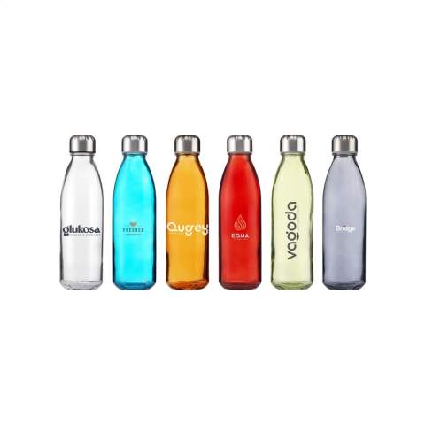 Luxury water bottle made from strong, clear soda-lime glass with practical stainless steel screw cap. BPA free, leak proof and reusable. Capacity 650 ml. Each item is individually boxed.