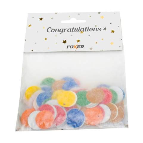 WoW! Confettis (Ø 2 cm) en papier biodégradable avec des graines de fleurs sauvages (papier ensemencé 2 g/m²) de différentes couleurs. Livrés dans un sachet en papier glassine (transparent et lisse). Impression en couleur sur la carte pliée en tête, entièrement personnalisable avec votre marque ou message.    Le mélange de fleurs sauvages se compose de : Chrysanthemum parthenium, Gypsophila elegans, Antirrhinum majus, Iberis umbellate, Lobularia maritima, Ageratum mexicanum, Petunia nana, Salvia Coccinia, Godetia, Grandiflora, Dorotheanthus bellidiformis.    Ces confettis colorés sont parfaits pour égayer n'importe quelle fête. Après la fête, les confettis peuvent être plantés dans le sol, où de belles fleurs sauvages pousseront. Ajoutez de la couleur à votre événement et à votre marque !    En raison de l'utilisation de graines et de matériaux recyclés, de petites irrégularités dans le matériau peuvent être visibles. Fabriqué en Europe.