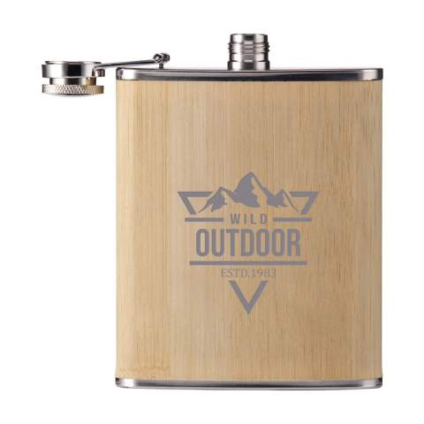 Tough stainless-steel hip flask with bamboo casing and handy screw cap. Leak proof. Capacity 200 ml. Each item is supplied in an individual brown cardboard box.