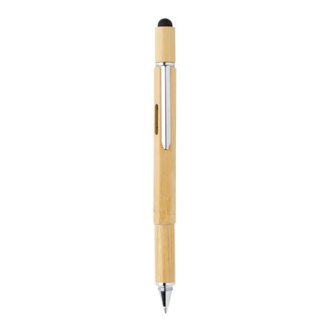 Multifunction bamboo pen with ruler (7cm) , spirit level, screw driver, stylus tip and ballpoint with blue writing ink (up to 400m) Made out of bamboo material with aluminium clip.