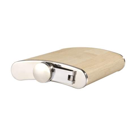 Tough stainless-steel hip flask with bamboo casing and handy screw cap. Leak proof. Capacity 200 ml. Each item is supplied in an individual brown cardboard box.