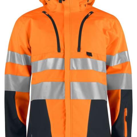 • wind- en waterafstotend en ademende softshell<br />• met fleece gevoerde kraag<br />• afneembare capuchon<br />• ritssluiting aan de voorzijde die bedekt is met een flap. Deze stormflap kan afgesloten worden met drukknopen <br />• twee schuinlopende, verticale borstzakken, de linker met telefoonzakje binnenin <br />• twee zijzakken<br />• één mouwzakje op linkermouw<br />• lus voor badgehouder<br />• ventilatiegaten onder de armen met ritssluiting<br />• aanpasbare taille<br />• aanpasbare manchetten<br />• langer rugpand<br />• reflecterende biezen op mouwen en rug
