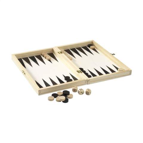 WoW! Backgammon-Spiel. Enhält Spielfiguren aus Holz und 2 Holzwürfeln. Die Schachtel, mit dem Bild des Spielbretts auf der Innenseite, ist aus 100% FSC-zertifiziertem Kiefernholz gefertigt. Inklusive Spielregeln.