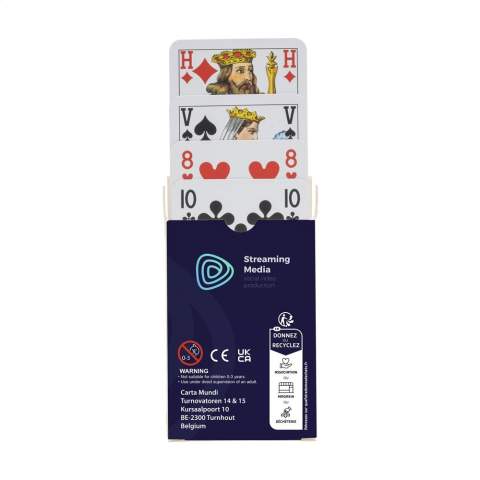 Playing cards made from sturdy 300-gram cardboard. With Dutch images on the front (A/H/V/B) and corner marks. These decks consist of 52 playing cards and 2 jokers. Packaged in a cardboard box with cellophane. You can add your full-colour design onto the back of the cards and also onto the box, creating a unique, personalised deck of cards to promote your brand with every game.