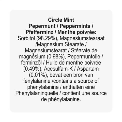 Boîte distributrice en plastique rond rempli d'environ 12 g (55 pcs) de bonbons sans sucre à la menthe.