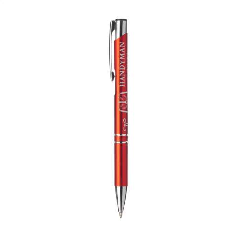 Blue or black ink, aluminium ballpoint pen with satin matte finish and metal clip/push button.