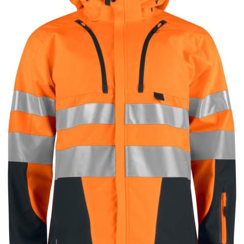 • wind- en waterafstotend en ademende softshell<br />• met fleece gevoerde kraag<br />• afneembare capuchon<br />• ritssluiting aan de voorzijde die bedekt is met een flap• Deze stormflap kan afgesloten worden met drukknopen <br />• twee schuinlopende, verticale borstzakken, de linker met telefoonzakje binnenin <br />• twee zijzakken<br />• één mouwzakje op linkermouw<br />• lus voor badgehouder<br />• ventilatiegaten onder de armen met ritssluiting<br />• aanpasbare taille<br />• aanpasbare manchetten<br />• langer rugpand<br />• reflecterende biezen op mouwen en rug