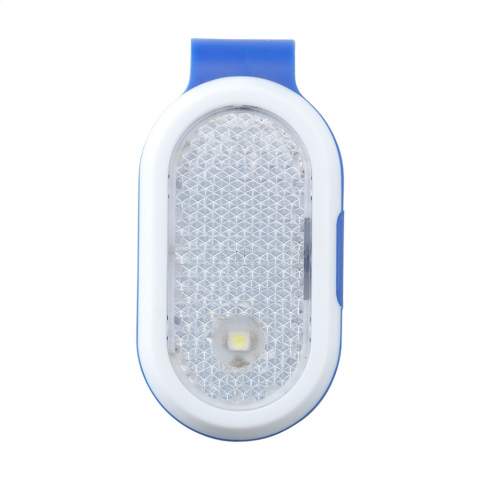 Reflector light with coloured clip. Two light settings: continuous bright white light or flashing red light. Incl. cell bateries.