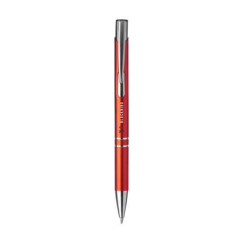 Blue or black ink, aluminium ballpoint pen with satin matte finish and metal clip/push button.