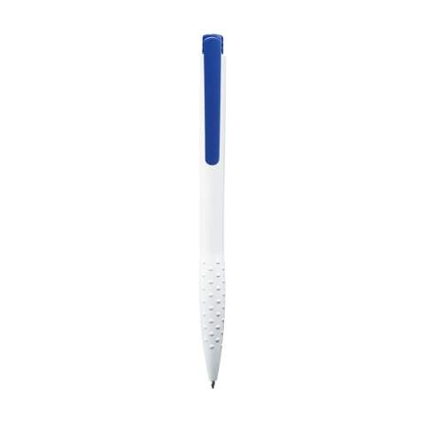 Blue or black ink ballpoint pen with textured grip, coloured clip and push button.