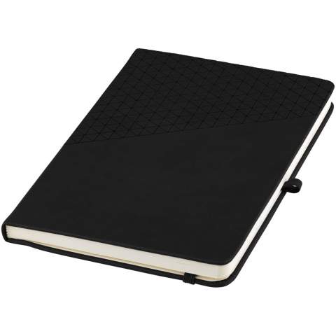 Soft touch A5 formaat notitieboek met geometrisch patroon design. 80 pagina's van 80 gram gelinieerd papier, paginalint, elastieksluiting en penlus.