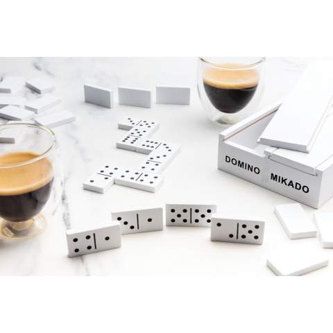 Set of two vintage games collected in an MDF box. The box contains Mikado and Domino. Create fun moments with these classic games. The Mikado game contains 41 sticks and the Domino game 28 blocks in a white lid box. Comes in full colour box.
