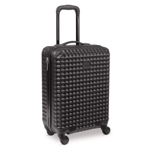 Cabin size trolley with a fully lined main compartment and elastic straps to keep the contents in place. The suitcase has four spinner wheels. Space for doming. Individually packed in a box.
