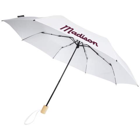Manual folding umbrella with a recycled PET pongee polyester canopy. The sturdy metal shaft and high quality frame with fibreglass ribs offers maximum flexibility in windy conditions. Supplied with a pouch and can easily fit a handbag or backpack for convenient carrying. Together with the wooden handle and the recycled PET pongee polyester canopy it offers a sustainable choice. Available in an wide variety of contemporary colours with a large decoration area on each of the panels.