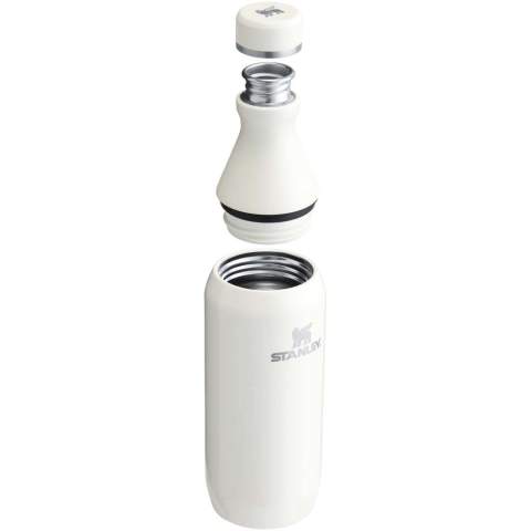 The Stanley 350 ml All Day Slim water bottle is designed for all-day hydration, combining convenience and performance. Made from 90% recycled stainless steel, it features a two-piece opening—one for easy sipping and the other for adding ice and hassle-free cleaning. The neck is crafted from single-wall stainless steel with a plastic threaded collar and a secure compressed seal to prevent leaks. The body has double-wall vacuum insulation, ensuring your drinks stay at the perfect temperature for hours. Durable and thoughtfully designed, it's the ideal bottle for staying refreshed wherever your day takes you.