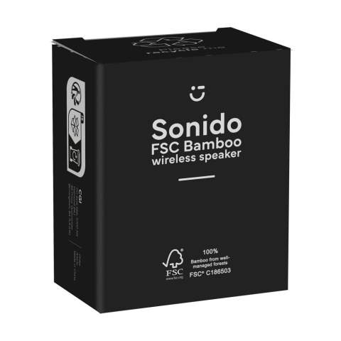 Enceinte sans fil Bluetooth 5 W. Le boîtier est en bambou naturel certifié FSC®  et est doté d'un tissu d'enceinte en RPET. Avec une puissance de 5 W, cette enceinte produit un son clair de qualité. La batterie Li-ion rechargeable intégrée de 1200 mAh garantit une autonomie de lecture jusqu'à 6 heures (volume à 75%) avec une charge complète. Portée sans fil jusqu'à 10 mètres. Facile à utiliser et compatible avec les smartphones et tablettes les plus courants. Sortie : 5 W. Comprend un câble de charge avec connexion USB-C et un mode d'emploi. Chaque article est fourni dans une boite individuelle en papier kraft marron.