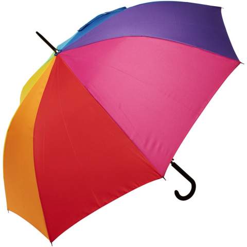 Automatikregenschirm mit regenbogenfarbenem Pongee-Polyesterschirm. Robuster Metallschaft, hochwertiger Vollglasrahmen mit maximaler Flexibilität bei Wind. Weicher, gebogener Griff und vernickelte Spitzen und Oberseite. Große Dekorationsfläche auf jedem Paneel möglich, die verschiedene kreative Logolösungen bietet.