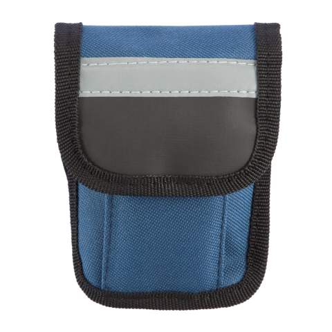 Blue pouch with reflective line on top, including 15 functions multitool with slotted screwdriver, cross-head screwdriver, nut driver, hex keys: 2mm, 2,5mm, 3mm, 4mm, 5mm, 6mm, wrenches: 8mm, 10mm, 15mm, spoke wrench: 14GE, sockets: 8mm, 9mm, 10mm, set with black plastic rack, 2 nickel plated tyre levers, tube glue, grinder and 3 rubber patches.
