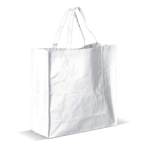 Large shiny shopping bag made of PP woven material. Large print area.